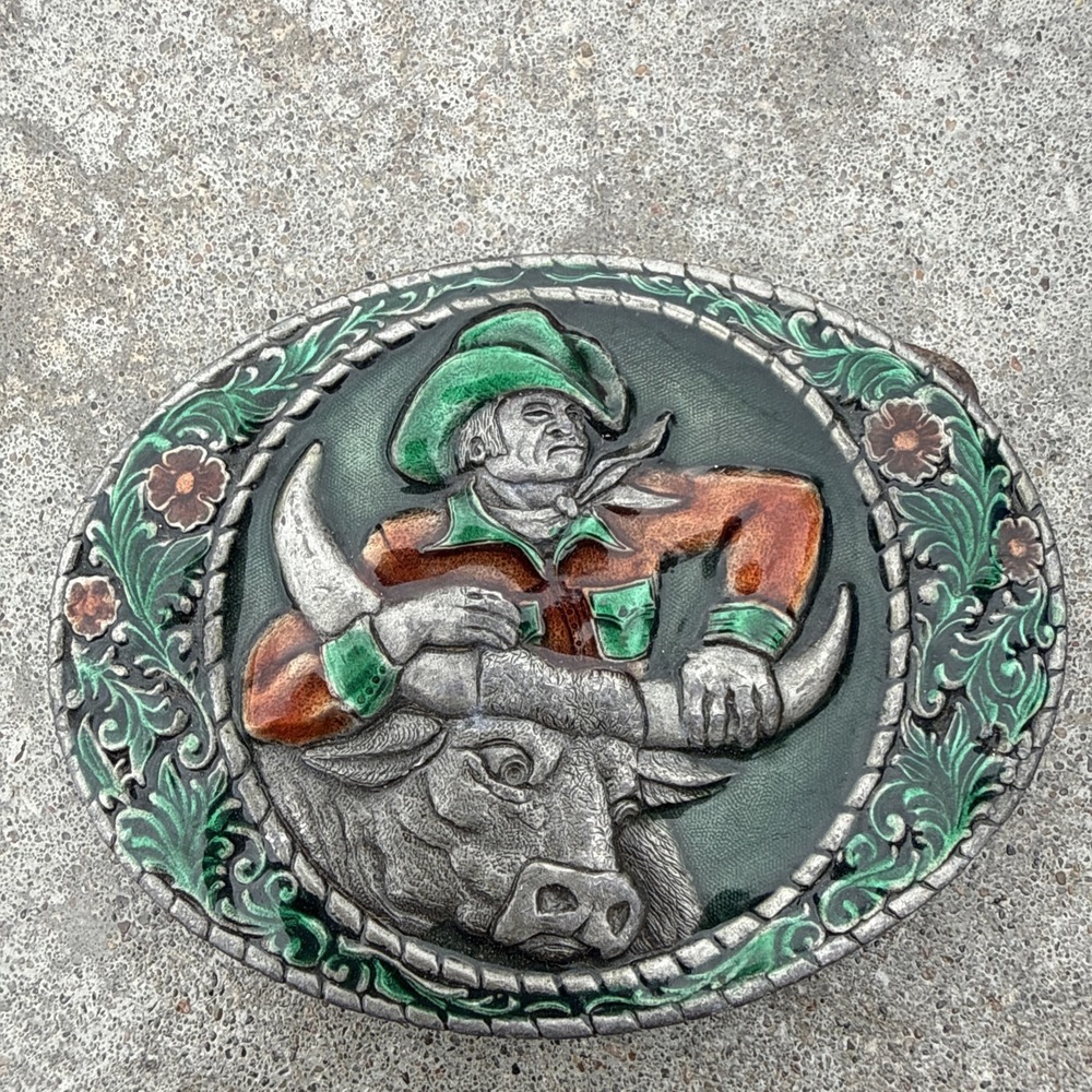 Indiana Metal Craft Brass Bulldogging Cattle Cowboy Rodeo Vintage Belt Buckle